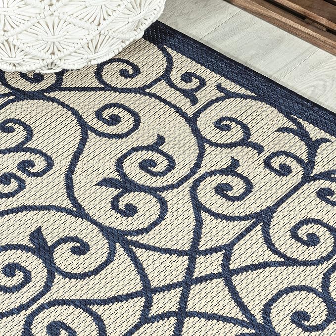 JONATHAN Y Vintage Filigree Indoor Outdoor Round Area Rug 5 Ft Navy/Beige, Madrid Textured Weave for Backyard, Patio, Porch, Easy-Cleaning, High Traffic, Pet-Friendly, Non-Shedding (SMB107G-5R)