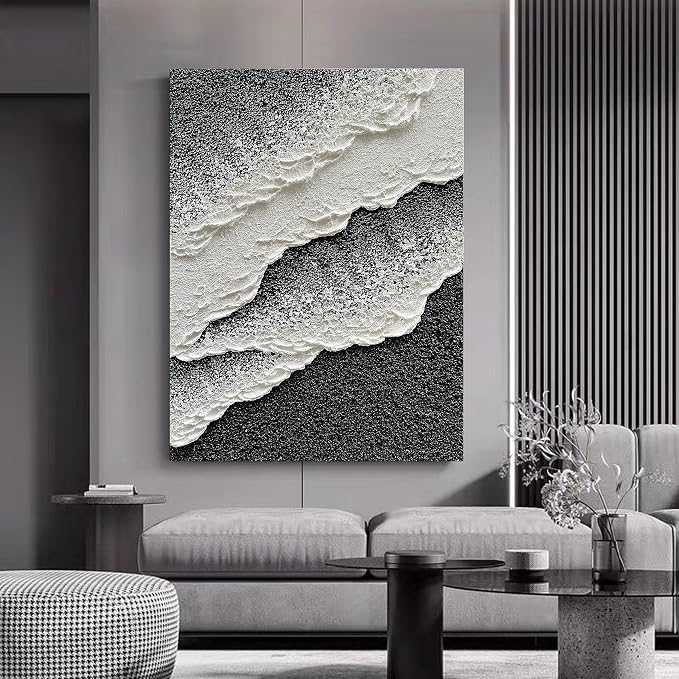 NANKAI Hand Painted Beach Wave Landscape Oil Painting Black and White Abstract Canvas Art Home Office Wall Deco Art Painting 28x40 inches