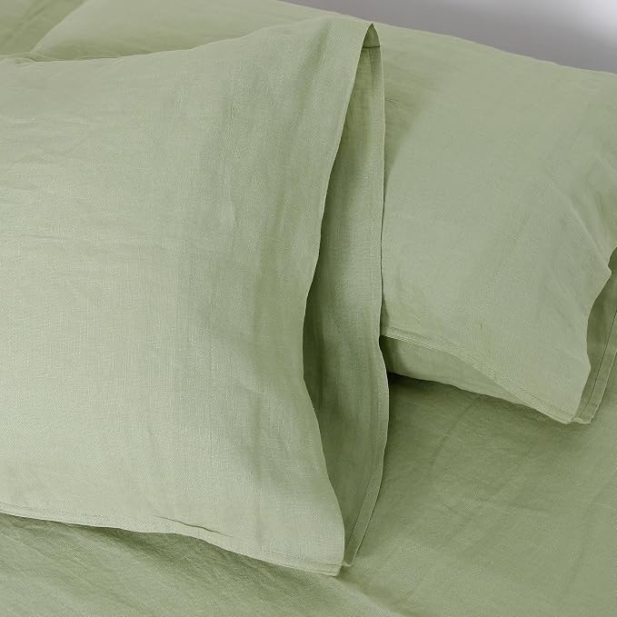 Linen World 100% French Linen Pillowcase Set of 2 - Stone Washed Moisture-Absorbing King Size(20''x40''),Sage Green