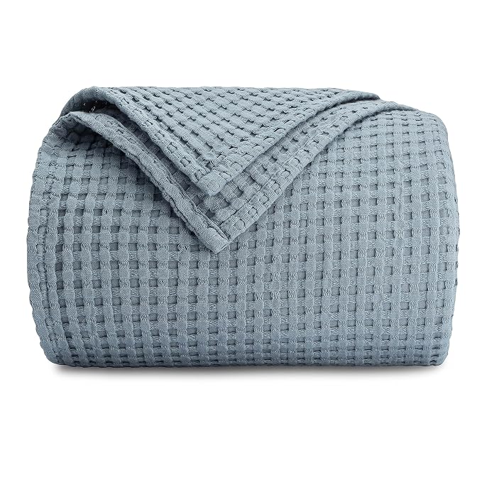 Comfy Cubs Waffle Blanket Twin, 90" x 66" - 100% Cotton Lightweight Breathable Bed Blanket - Soft Textured Thermal Weave for All Seasons – Decorative Cozy Layer for Couch, Sofa, or Bed - Pacific Blue