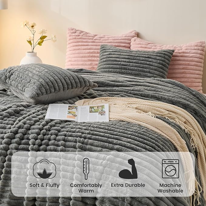 Simple&Opulence Fluffy Faux Fur Comforter Set, Plush Fuzzy Minky Bedding Set, 3 Pieces Warm Soft Comforter Bedding Set for Winter - 1 Shaggy Comforter with 2 Pillow Shams(King, Striped - Dark Grey)
