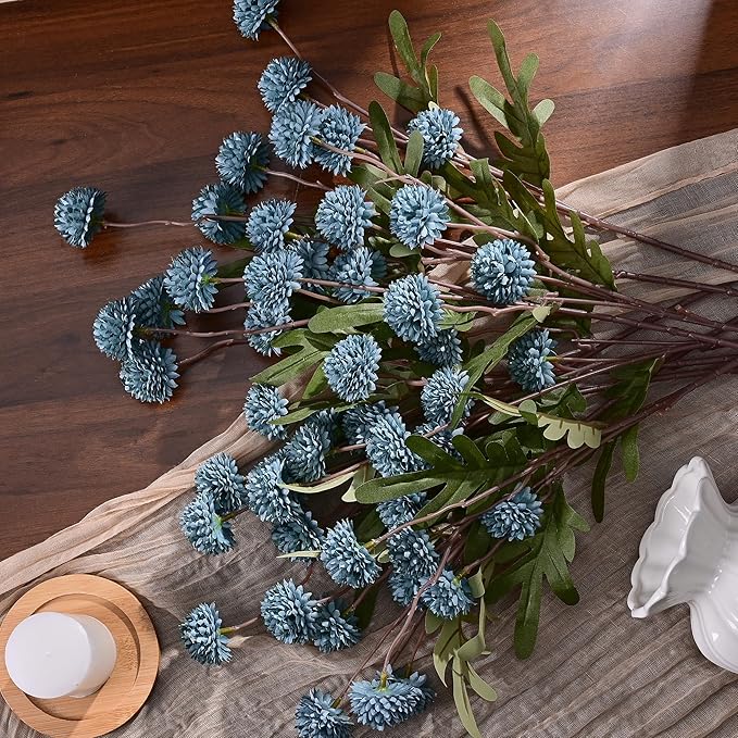 Waipfaru 10pcs Fake Silk Pompon Mum Artificial Flowers, Bulk Faux Mini Chrysanthemums, for Centerpieces Wedding Fillers Champagne Arrangements Shower Decorations, Blue