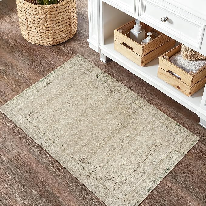 BILEEHOME Boho Kitchen Rug Washable,2x3 Non Slip Farmhouse Neutral Small Area Rug for Bathroom Bedroom Indoor Entrway Ultra Thin Fit Under Door,Tan Brown and Cream Beige