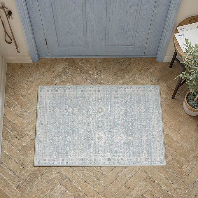 2x3 Blue Washable Neutral Area Rug for Living Room Distressed Floral Non Slip Thin Throw Rug Indoor Vintage Stain Resistant Distressed Doormat Entrance Dinning Laundry Room Kitchen Bathroom