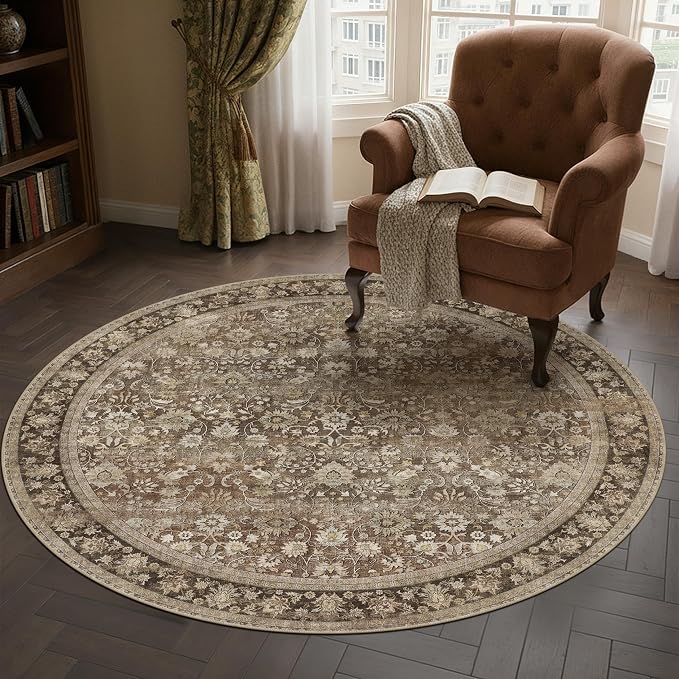 HUGEAR Round Rug 5ft Entryway Rugs Machine Washable Brown Hallway Area Rug 5x5 Small Circle Accent Rug Floral Low Pile Carpet Soft Throw Rug Living Room Office Laundry Room Entrance Non Slip