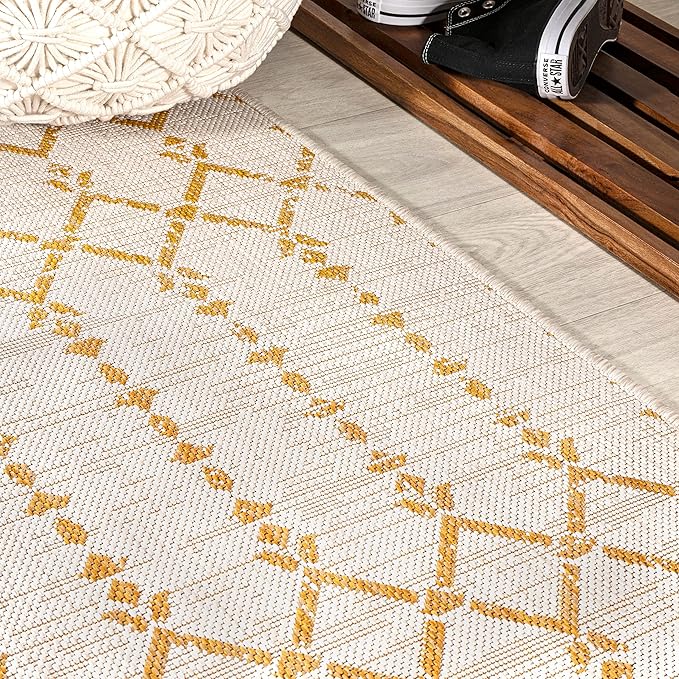 JONATHAN Y Moroccan Geometric Indoor Outdoor Runner Rug 2X10 Cream/Yellow, Ourika Textured Weave for Backyard, Patio, Porch, Easy-Cleaning, High Traffic, Pet-Friendly, Non-Shedding (SMB108J-210)