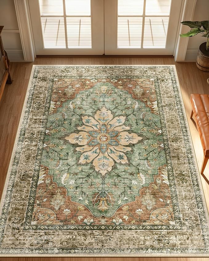 RELEANY Area Rugs 3'x4' Washable Non-Slip, Floral Vintage Distress Print Pattern Medallion Carpet for Living Room Bedroom Dining Room, Brick Red Rust Neutral Brown Burnt Orange Green