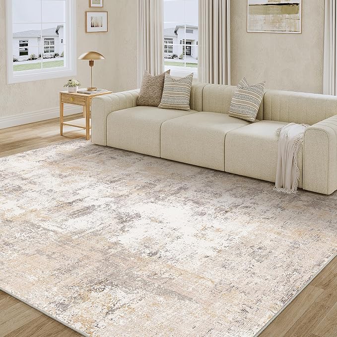 6x9 Washable Area Rug Beige Grey Abstract Living Room Bedroom Throw Rug Neutral Modern Non Slip Medium Pile Thicker Indoor Carpet for Dining Room Office Entryway