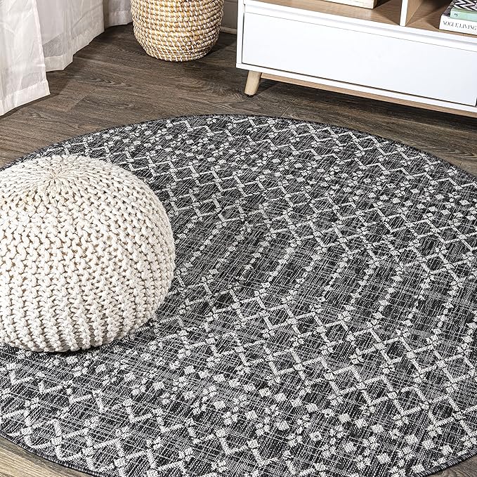 JONATHAN Y Moroccan Geometric Indoor Outdoor Round Area Rug 8 Ft Black/Gray, Ourika Textured Weave for Backyard, Patio, Porch, Easy-Cleaning, High Traffic, Pet-Friendly, Non-Shedding (SMB108F-8R)
