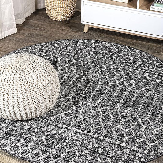 JONATHAN Y Moroccan Geometric Indoor Outdoor Round Area Rug 8 Ft Black/Gray, Ourika Textured Weave for Backyard, Patio, Porch, Easy-Cleaning, High Traffic, Pet-Friendly, Non-Shedding (SMB108F-8R)