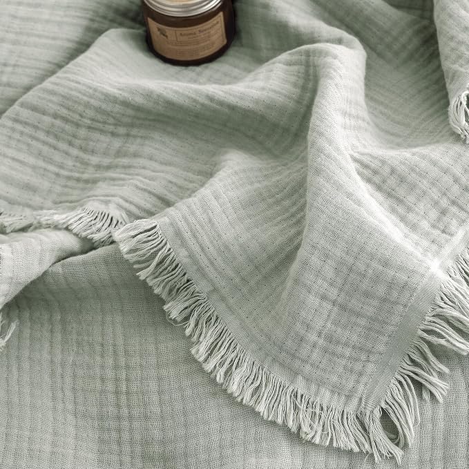 FOSSA Muslin Blanket: 4-Layer 100% Cotton Gauze Blanket with Fringe 98"x98" | Super Soft Breathable Lightweight All Season & Decorative Blanket or Bed, Sofa, Office (Sage Green, Oversize Queen)
