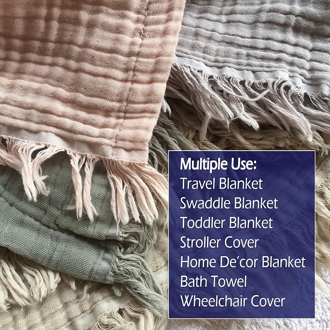 KyraHome 100% Organic Cotton Throw Blanket for Adult, Couch,50"x60" Pre-Washed, Plant Dyed Breathable Lightweight Gauze Summer Muslin Blanket, All Season, Sage Green