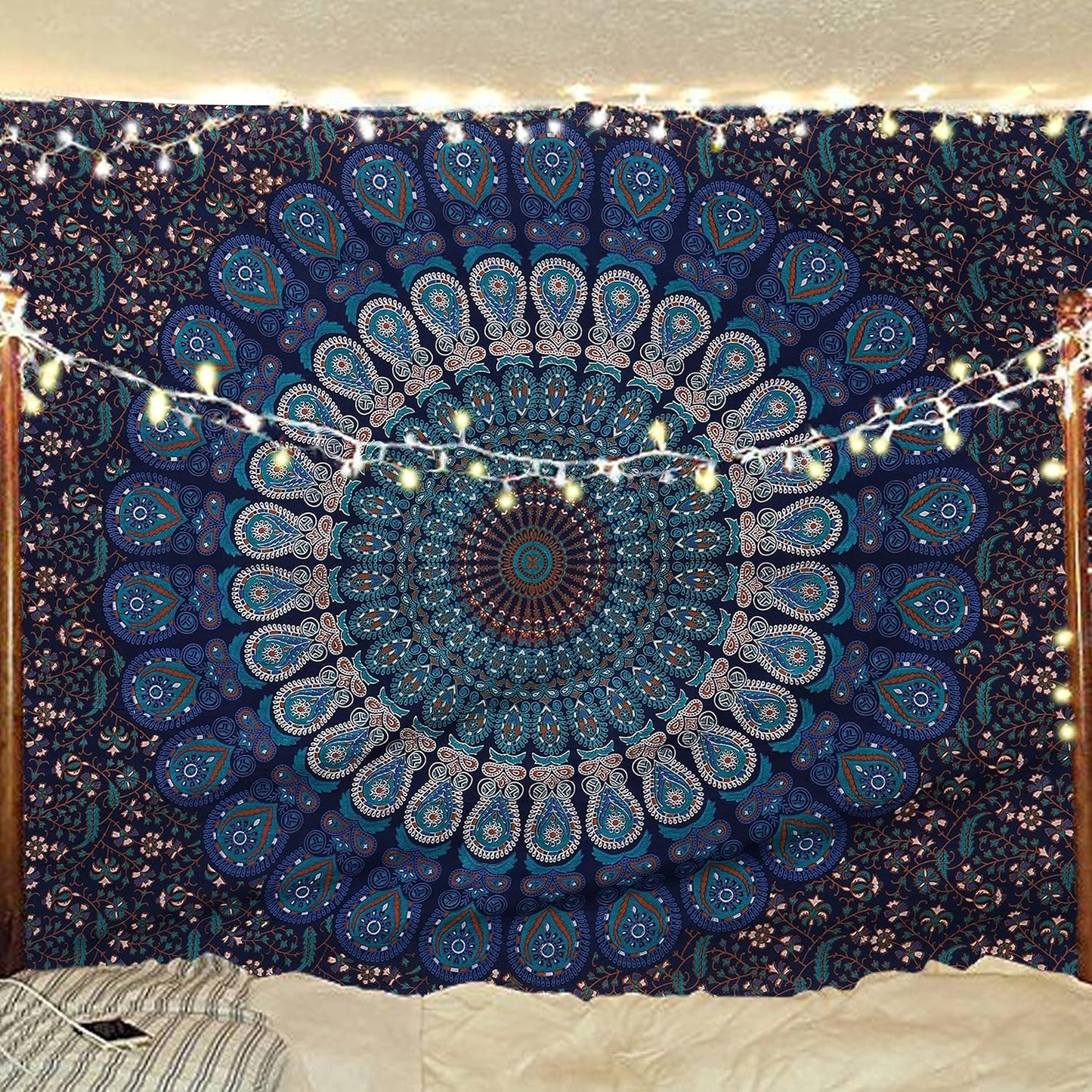 Bless International Handmade Indian hippie Bohemian Psychedelic Peacock Mandala Wall hanging College Dorm Beach Throws Table Cloth Bedding Tapestry (Blue Green, Medium(54x60Inches)(137x152cms))