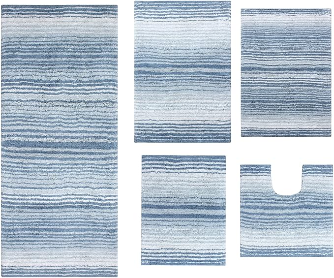 Home Weavers 100% Cotton Gradiation Collection Bathroom Décor | Washable Rug | Bathroom Mat | Kitchen Mat | Bathroom Rug Set | Bath Mat Set | Bath Floor Mat Non Slip, 5 Piece Set with Contour, Blue