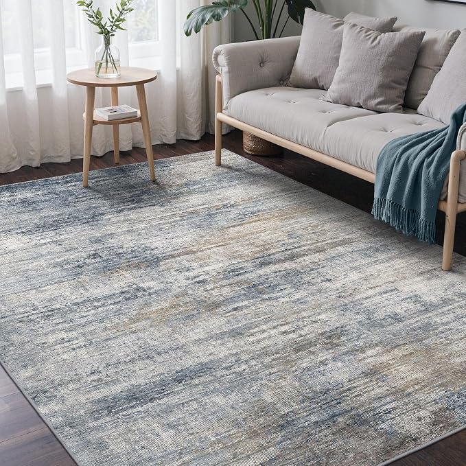 BEIMO Area Rugs 8x10 for Living Room Bedroom, Modern Abstract Machine Washable Rug, Large Soft Low Pile Floor Carpet with Non Slip Backing for Dining Room, Denim Blue/Taupe
