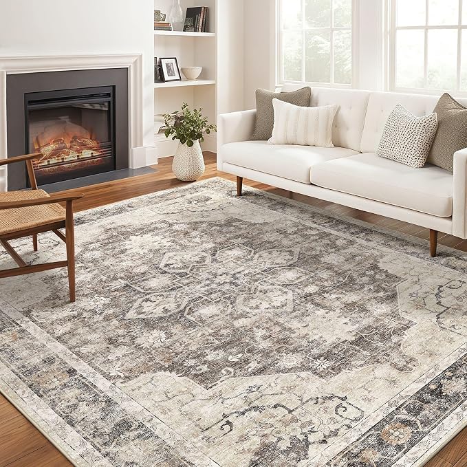 Area Rug for Living Room - 10X12 Soft Washable Vintage Floral Distressed Large Carpet - Fade Stain Resistant Non Slip Rugs for Bedroom Dining Room Nursery Dorm Office Home Decor - Dark Brown