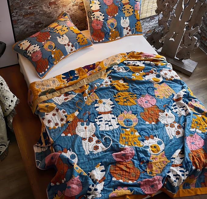 MEJU Kitty Cat Kids Child Girls Muslin Blanket Throw Reversible Cover for Bed Sofa Couch, 100% Combed Cotton 4 Layer Soft Warm Cartoon Throw Blanket Bed Cover Quilt Sheet Cats Blue F/Q 80 in x 90 in