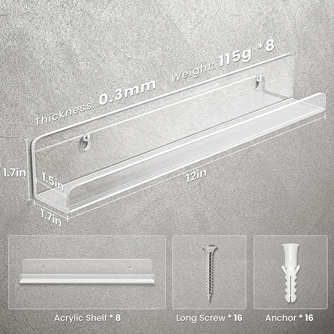 Gotega 8 Pack Vinyl Record Shelf Wall Mount, 12 inch Album Record Holder Display, Clear Acrylic Floating Shelves for Wall, Suitable for Bedroom, Living Room, Magazine Shelf, Kids Bookshelf, etc