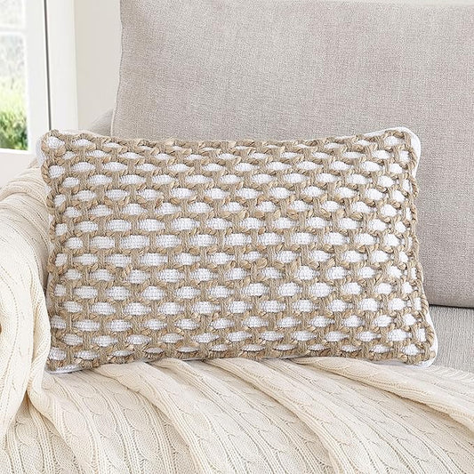 Boho Living Jada Premium Woven Design, Decorative Throw, Living Room Décor, (1) 12" x 20" Pillow Cover, White