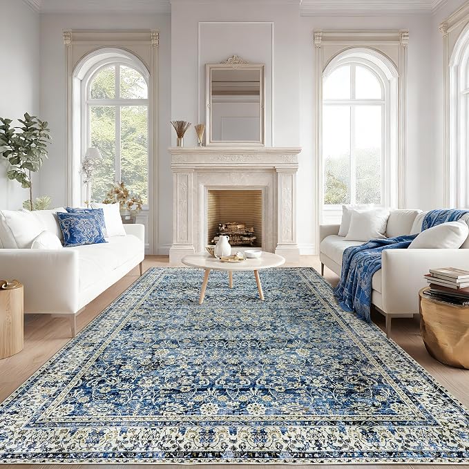 Blue Area Rug for Living Room 8x10 Washable Vintage Farmhouse Big Large Boho Distressed Carpet Rugs for Bedroom,Light Blue and Cream Polyester Rayon Cotton Blend