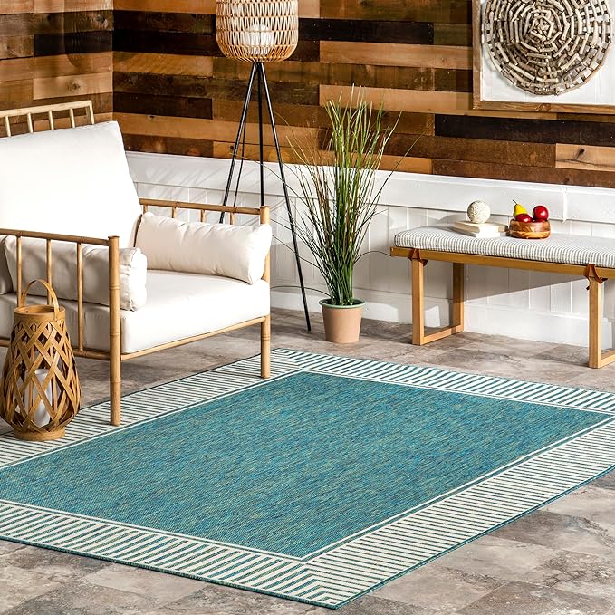 Nuloom Asha Teal/Ivory, 4' x 6', Casual, Striped Border, Soft and Cozy, High Traffic, Easy Clean, Durable Area Rug for Indoor/Outdoor Patio, Deck, Porch, Garden, Courtyard