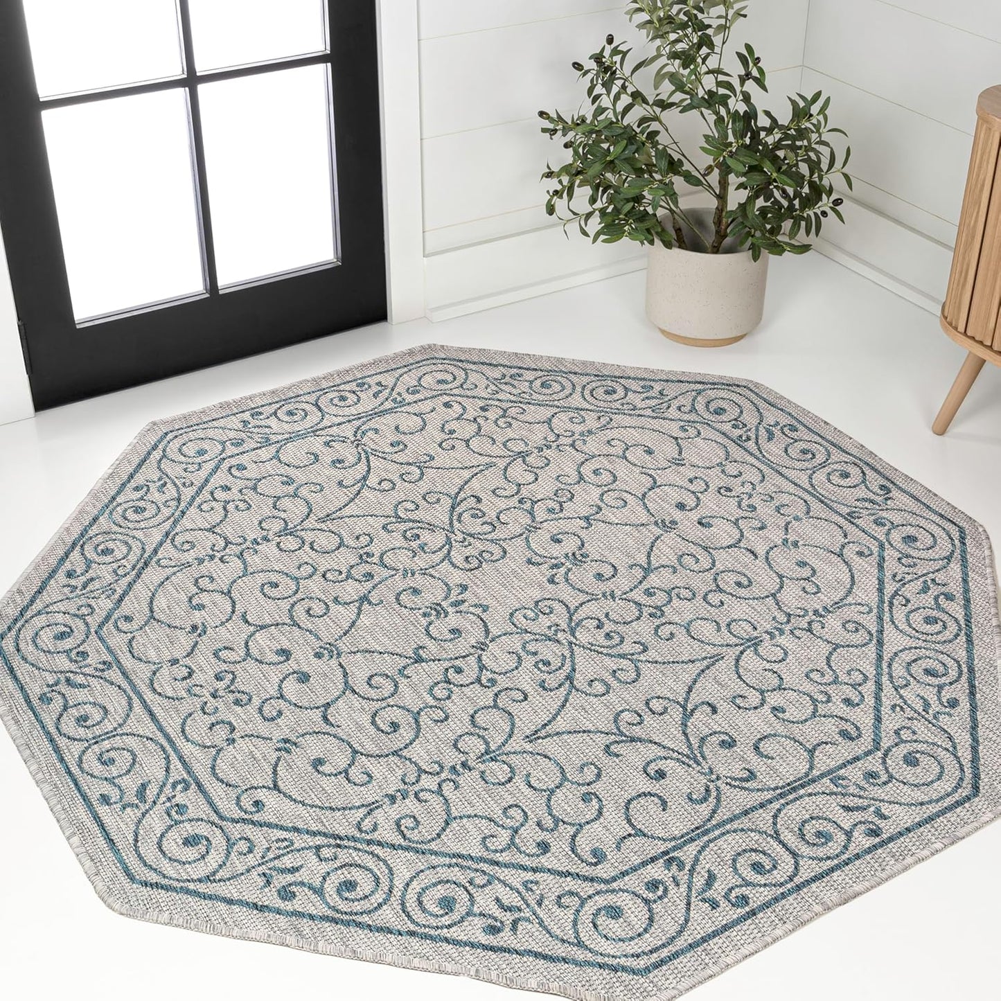 JONATHAN Y Vintage Filigree Indoor Outdoor Octagon Area Rug 8 Ft Gray/Teal, Charleston Textured Weave for Backyard, Patio, Porch, Easy-Cleaning, High Traffic, Pet-Friendly, Non-Shedding SMB106E-8TGN