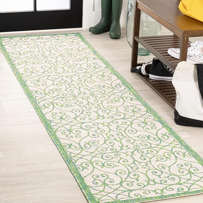 JONATHAN Y Vintage Filigree Indoor Outdoor Runner Rug 2X10 Cream/Green, Madrid Textured Weave for Backyard, Patio, Porch, Easy-Cleaning, High Traffic, Pet-Friendly, Non-Shedding (SMB107J-210)