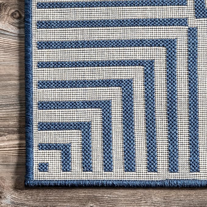 Nuloom Asha Navy/Ivory, 9'6" x 12', Casual, Striped Border, Soft and Cozy, High Traffic, Easy Clean, Durable Area Rug for Indoor/Outdoor Patio, Deck, Porch, Garden, Courtyard