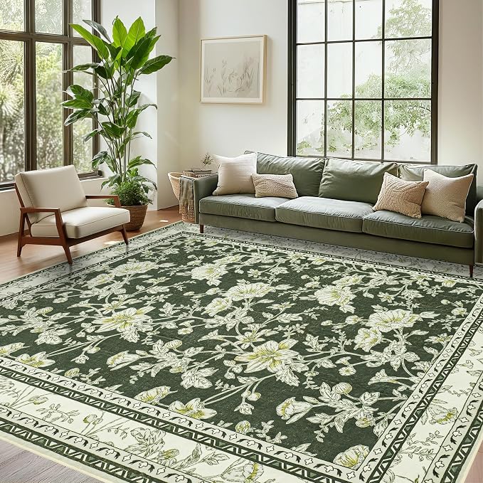 Olive Green Floral 5x7 Area Rug Vintage Boho Washable Printed Rug for Living Room Non-Slip Soft Bedroom Cottagecore Farmhouse Carpet for Dining Room Nursery Dark Green and Cream Beige Sketch Style