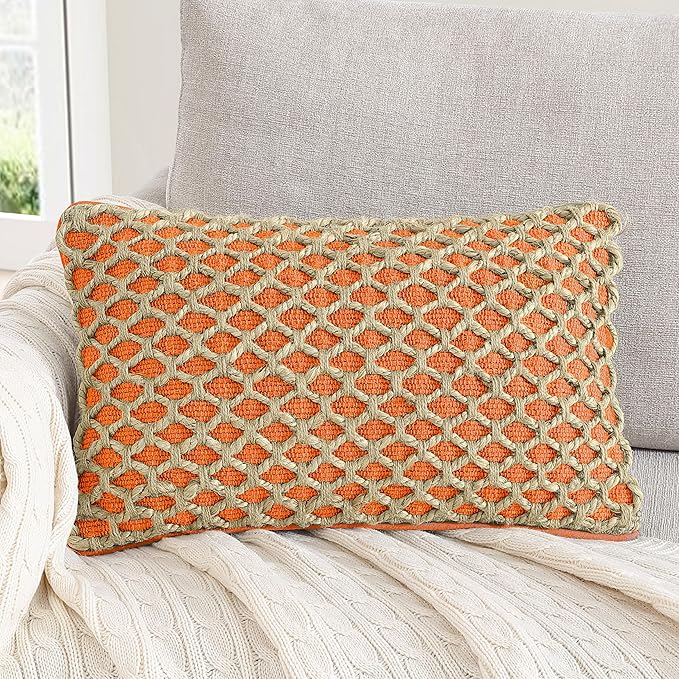 Boho Living Jada Premium Woven Design, Decorative Throw, Living Room Décor, (1) 12" x 20" Pillow Cover, Harvest Orange