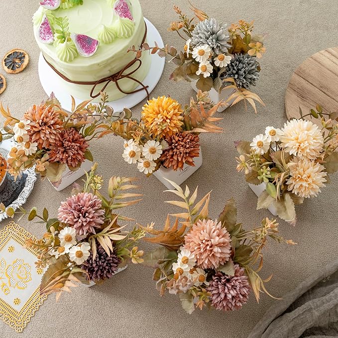 6PCS Artificial Fall Flowers with Ceramic Vases – Multicolor Small Fake Chrysanthemums & Daisies with Pot for Autumn Home Decor – Table Centerpieces for Kitchen, Mantel, Entryway or Tiered Tray