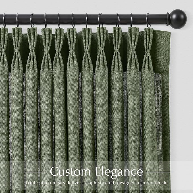 Memory Trained Olive Green Triple Pinch Pleated Curtains 2 Panels 40x63 Linen Blend Light Filtering Privacy Drapes with Hooks Back Tab for Track System Bedroom Study Neutral Decor