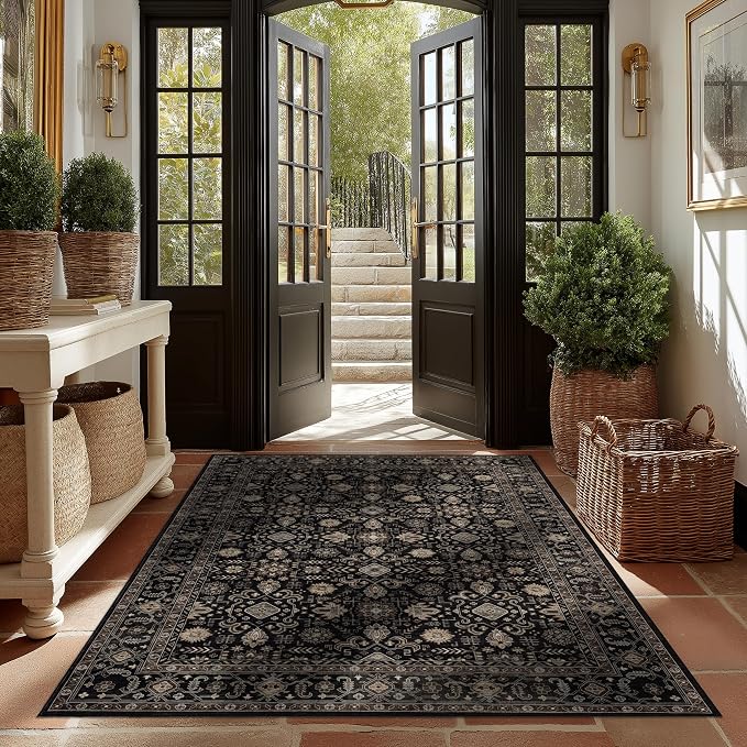 Ruaruarug Washable Area Rug 6x9 for Living Room, Bedroom, Ultra Soft Non Slip Stain & Fade Resistant, Pet & Kids Friendly, Suitable for High Traffic Areas Easy to Clean for Office Kitchen, Black Gold