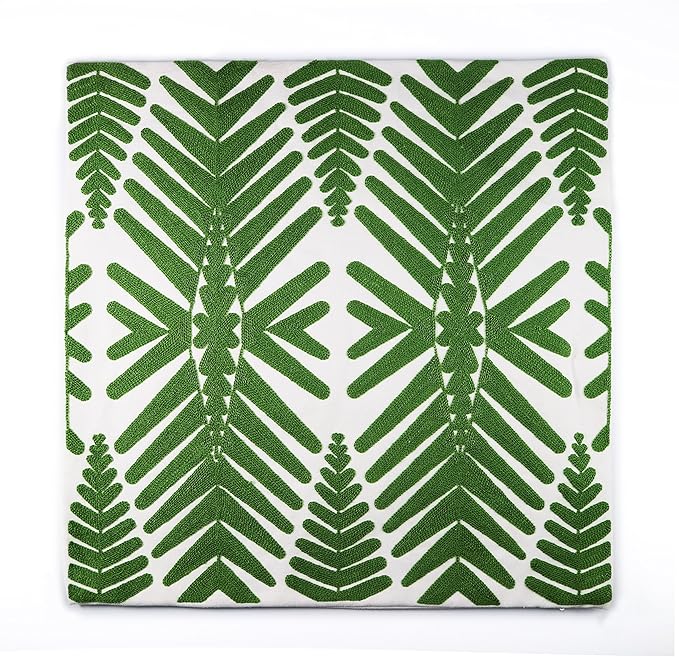 Tropical Leaf Embroidery Throw Pillow Covers 18x18 Inches Decorative Floor Pillow Cover for Couch Green Leaf 100% Cotton Cushion Cover Symmetric Palm Leaves Embroidered 45x45cm, 1 Piece