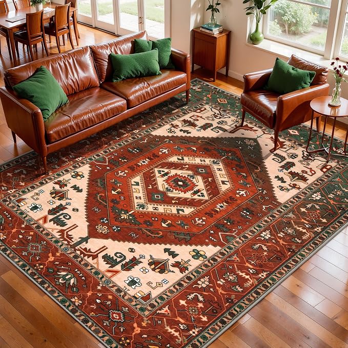 SERISSA 5x7 Boho Area Rug, Washable Non-Slip Rugs for Living Room, Large Terracotta Green Rug Ultra Soft Vintage Oriental Print Distressed Carpet for Bedroom Dining Room Dorm Office Home Decor