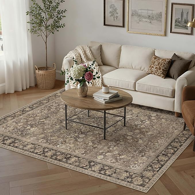 HUGEAR 5x7 Machine Washable Rugs Brown Hallway Area Rug Indoor Accent Rug Floral Mid Pile Carpet Soft Thicker Throw Aesthetic Rug Bedroom Living Room Office Dining Kitchen Laundry Non Slip