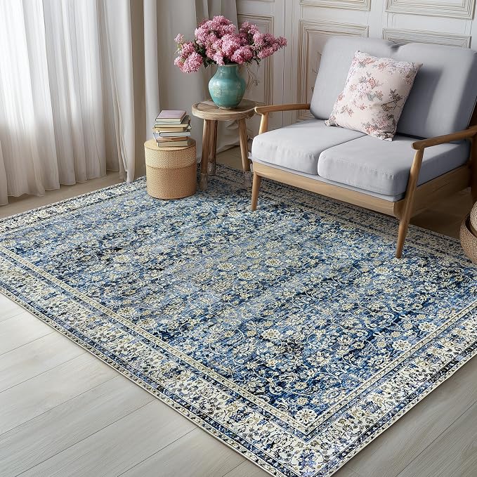 Blue Area Rugs 5x7 Vintage Boho Flower Distressed Low Pile Rug with Rubber Backing Dark Blue Non Slip Stain Resistant 5x7 Washable Rug for Living Room Bedroom Dining Room Carpet for Under Table