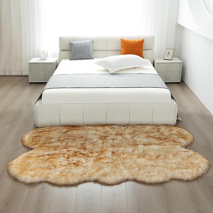 Faux Fur Rug White Yellow Fluffy Sheepskin Area Rug,Ultra Soft Shaggy Plush Rug Bedroom Living Room Sofa Floor Kids Room Bedside（4 x 6 ft Sheepskin）
