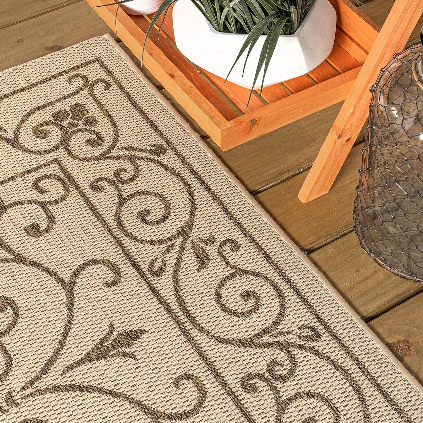 JONATHAN Y Vintage Filigree Indoor Outdoor Round Area Rug 5 Ft Beige/Brown, Charleston Textured Weave for Backyard, Patio, Porch, Easy-Cleaning, High Traffic, Pet-Friendly, Non-Shedding (SMB106A-5R)