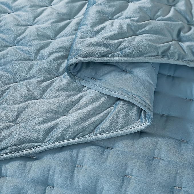 Lush Decor - Quilt Set, 3-Piece Cozy Velvet Bedding with Matching Shams, Embroidered Stitch Design (Haven Blue, King/California King)