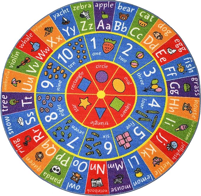KC Cubs Educational Kids Rug – ABC Alphabet, 123 Numbers & Shapes Learning Mat – Soft Interactive Carpet for Classroom, Playroom & Bedroom 6' 6" Round