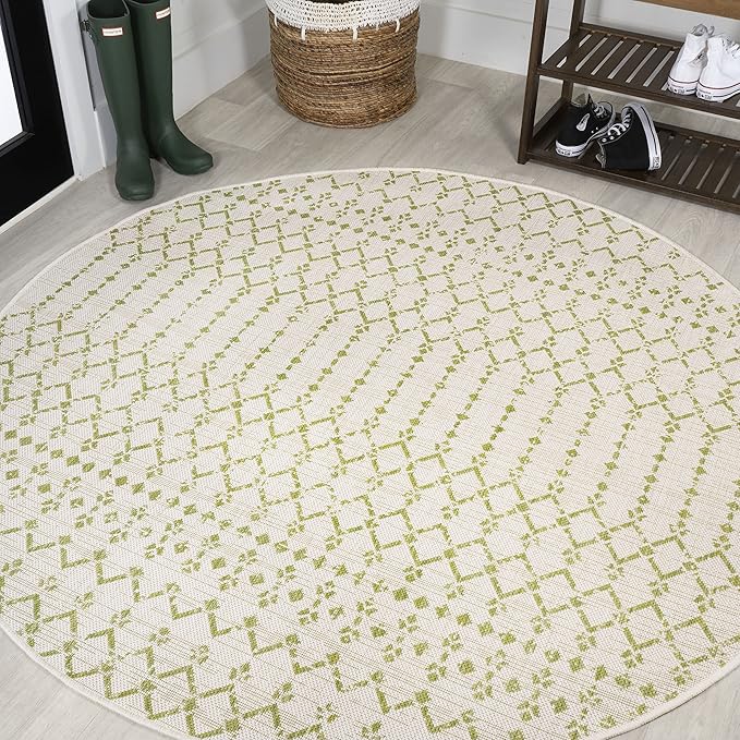 JONATHAN Y Moroccan Geometric Indoor Outdoor Round Area Rug 5 Ft Cream/Green, Ourika Textured Weave for Backyard, Patio, Porch, Easy-Cleaning, High Traffic, Pet-Friendly, Non-Shedding (SMB108M-5R)