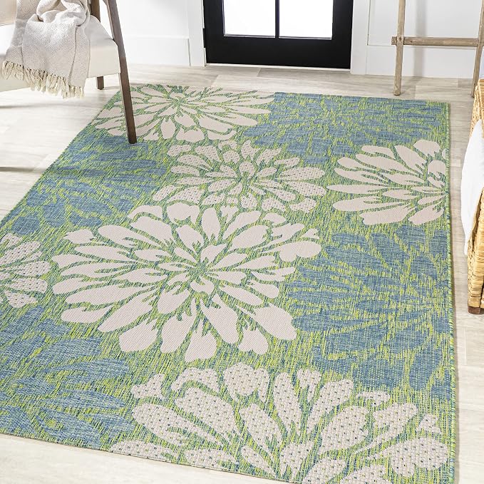 JONATHAN Y Floral Textured Weave Indoor Outdoor Area Rug 5X8 Cream/Green, Zinnia Modern for Backyard, Patio, Porch, Easy-Cleaning, High Traffic, Pet-Friendly, Non-Shedding (SMB110D-5)