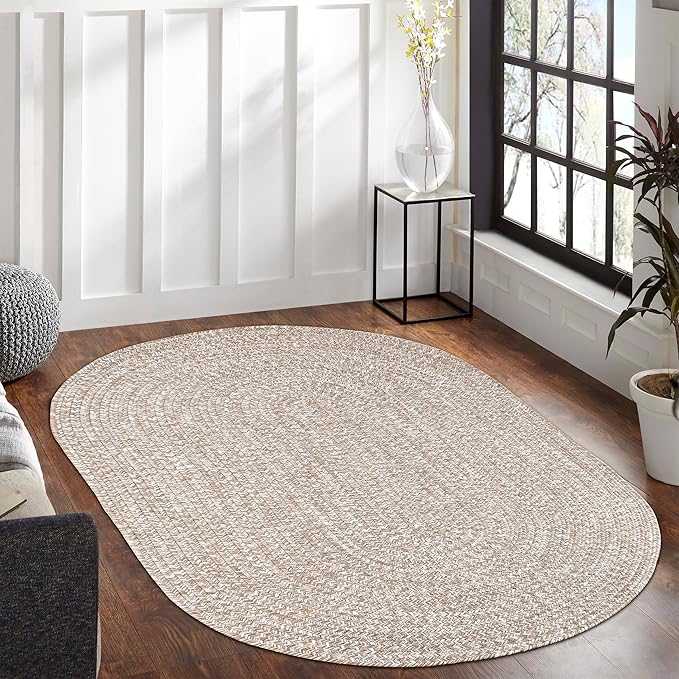 Superior Indoor/Outdoor Area Rug, Dual-Tone Reversible Braided Floor Decor for Patio, Front Porch, Entryway, Living Room, Office, Nursery, Artistic Home, 8' x 10', Latte-White