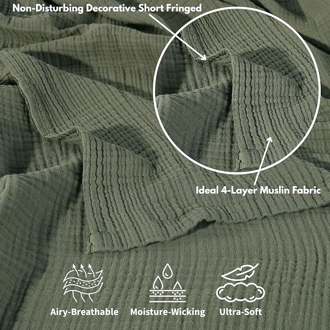 Muslin Blanket - Pure 100% Turkish Cotton Airy Soft Light Versatile Gauze Throw Blanket for Bed, Couch, Sofa (Khaki Green, Throw Size (50" x 66" inch))