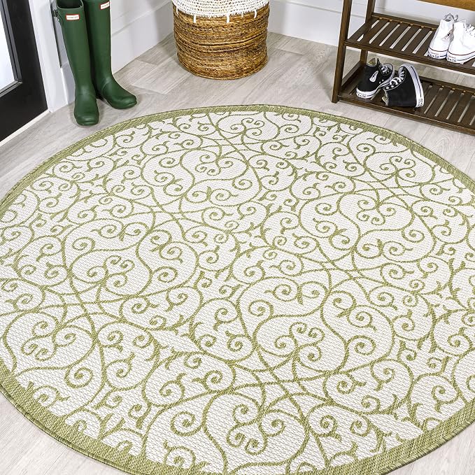 JONATHAN Y Vintage Filigree Indoor Outdoor Round Area Rug 5 Ft Green/Cream, Madrid Textured Weave for Backyard, Patio, Porch, Easy-Cleaning, High Traffic, Pet-Friendly, Non-Shedding (SMB107H-5R)