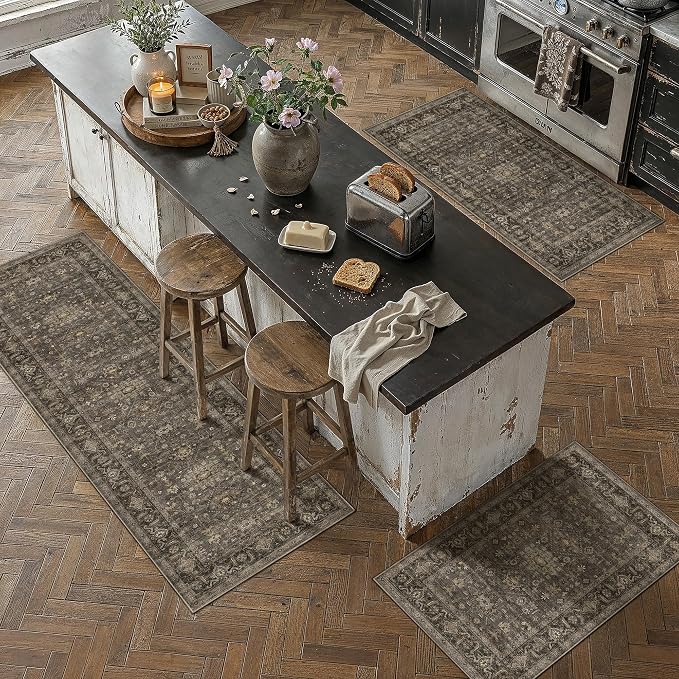 3 Piece Washable Kitchen Rug Set Vintage Brown Non Slip Low Pile Runner Mats Traditional Retro Soft Area Rugs for Hallway Bathroom Floor Sink Laundry Bedroom Entryway, 2x3 + 2x4 + 2x5