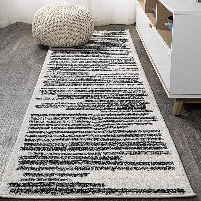 JONATHAN Y Khalil Modern Berber Stripe Cream/Black Runner Rug, 2x8, Contemporary, Bohemian, Easy-Cleaning for Living Room, Bedroom, Kitchen, Pet Friendly, Non-Shedding (MOH207A-28)
