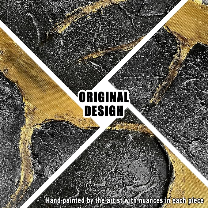 DNIEOTU Abstract Wall Art for Living Room, Black and Gold Hand-Painted Canvas Wall-Decor for Bedroom, 3D Textured Paintings, Size 40 x 20 Inches