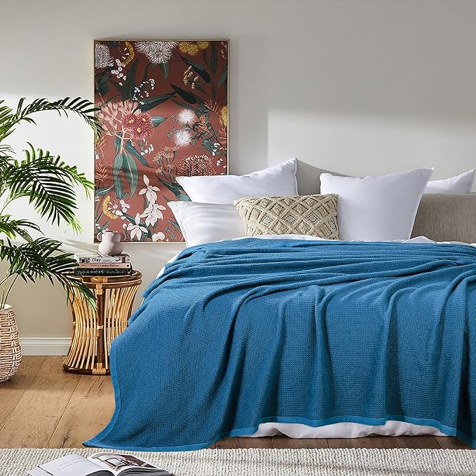 TreeWool Premium 100% Cotton Waffle Summer King Blanket (90"x108", Teal) | 420 GSM Breathable Lightweight Moisture Wicking Soft Knit Thermal Blanket for Bed or Sofa All-season Comfort Machine Washable